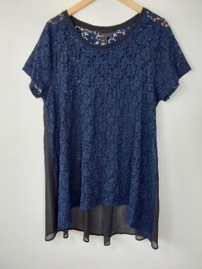 Lane Bryant Blue Floral Lace Sheer High-Low Short Sleeve Blouse